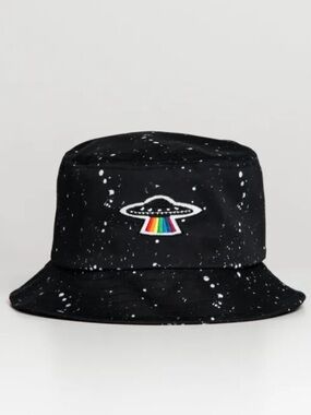 Kolby 3D Alien Speckled Black Bucket Hat with Stars and Rainbow UFO Patch Space